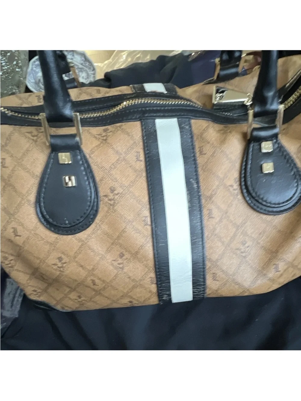 L.A.M.B. Brown Black Logo Stripe Satchel Top Handle Zip Buckle Gold Charm